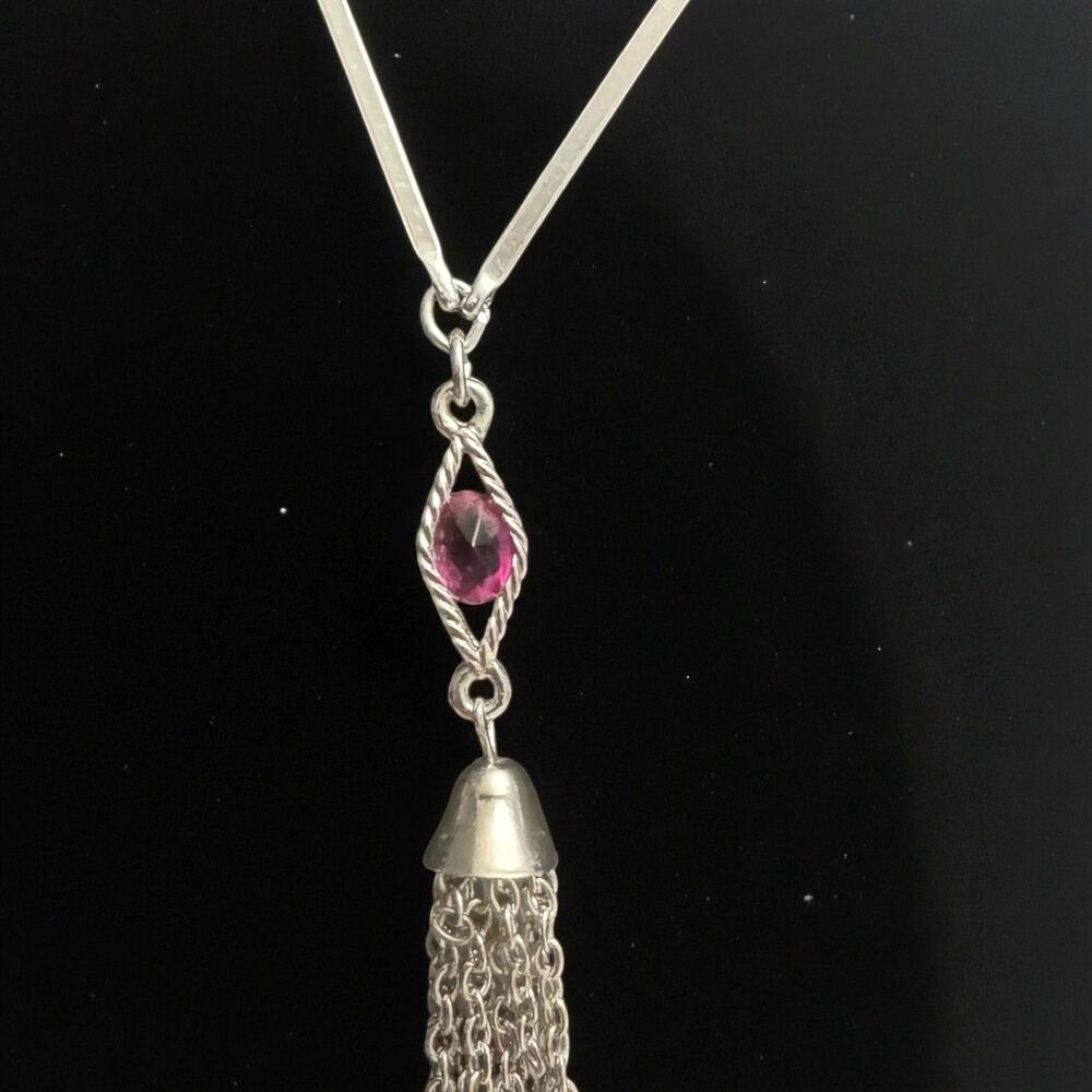 Vintage Sarah Coventry Silver Tone Tassel Necklace Pink Marquise Stone Rope